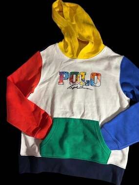 Polo Ralph Lauren Boys White Multi Colorblock Paint Splatter Logo Fleece Hoodie